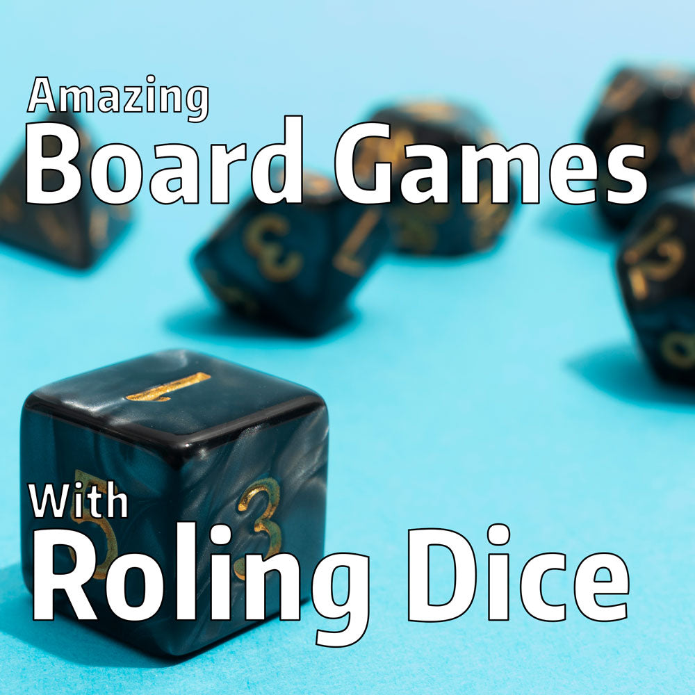 cover image for an article about board and card games using dice rolling in their gameplay, with examples