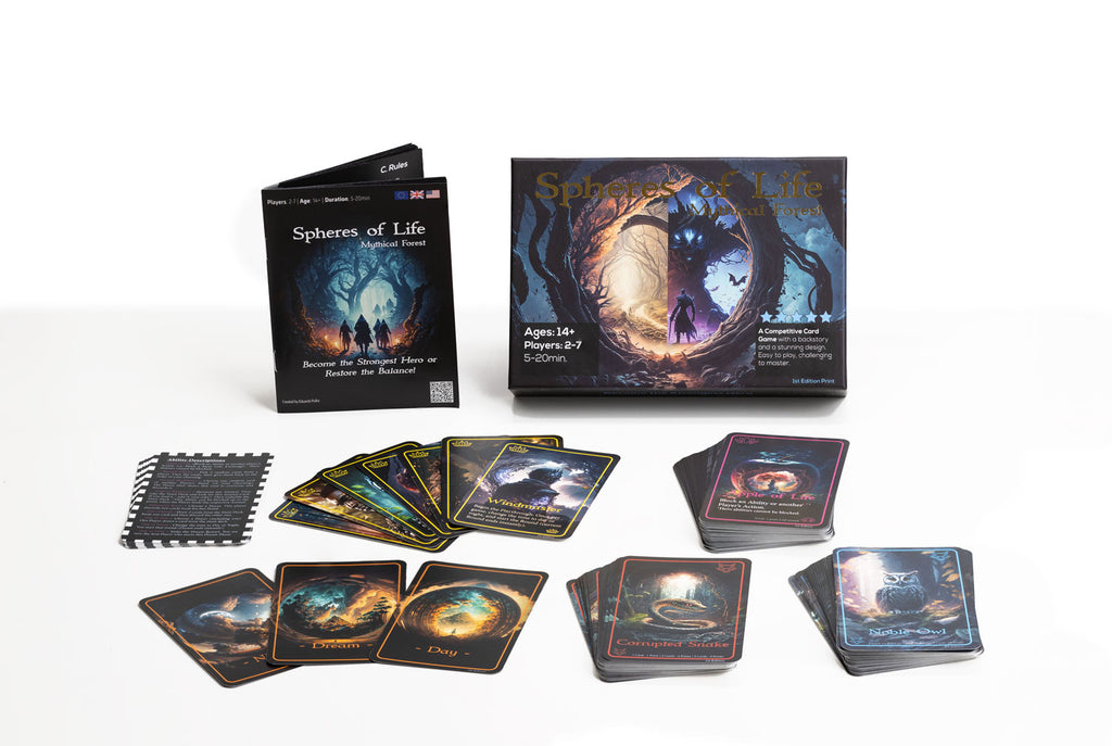 Contents of the Spheres of Life: Mythical Forest card game, white background