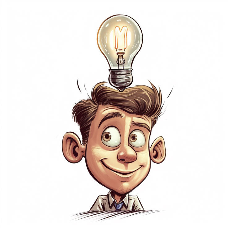 A cartoon character having an idea about creating a card game