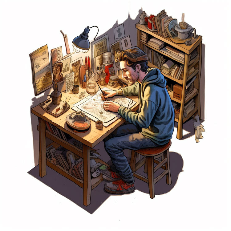 A cartoon character doing his research. He wants to create a new fantasy card game