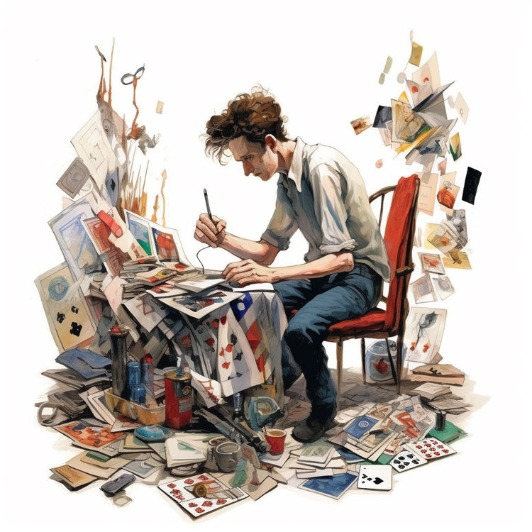 Illustration of a young man drawing up design and artwork for his new card game