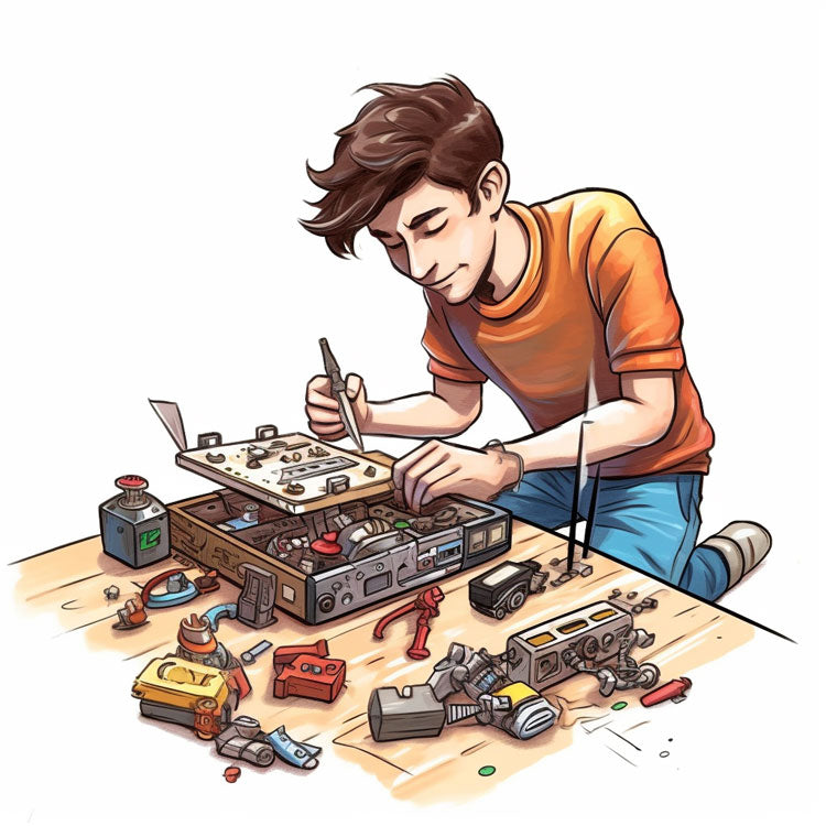 An illustration of a young man sitting by a work bench assembling the last details of his creation. 