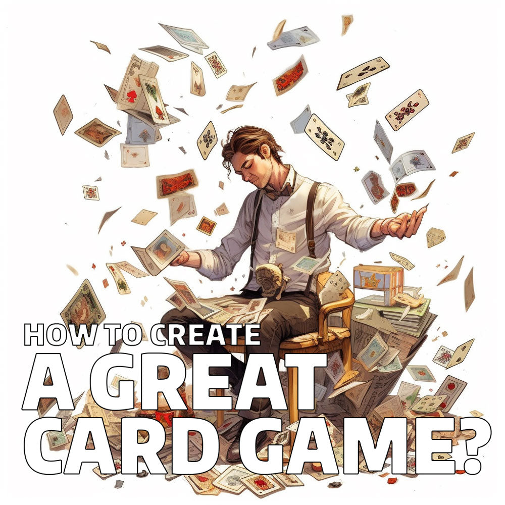 cover image of an article about great card games - a man surrounded by flying cards, illustration, white background