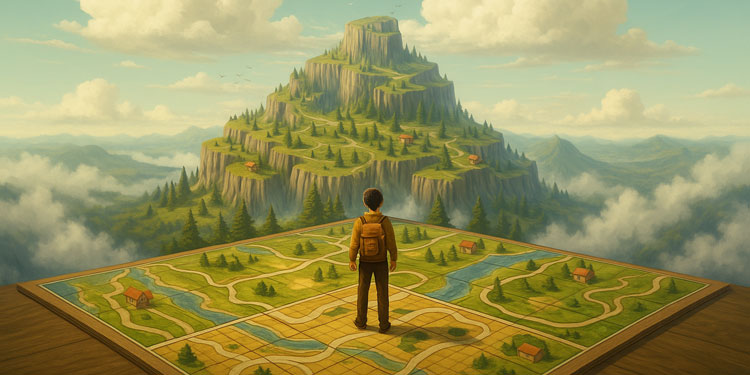 boy standing on a large board game and looking a a fantastical mountain in the background, imitating a start of a fantastical journey
