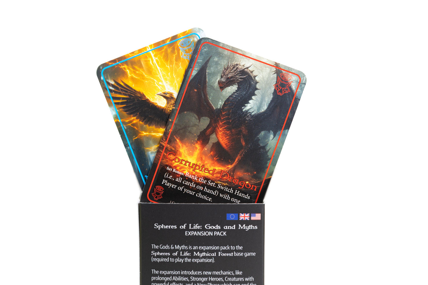 Spheres of Life: Gods & Myths expansion for the Mythical Forest fantasy card game with two example cards